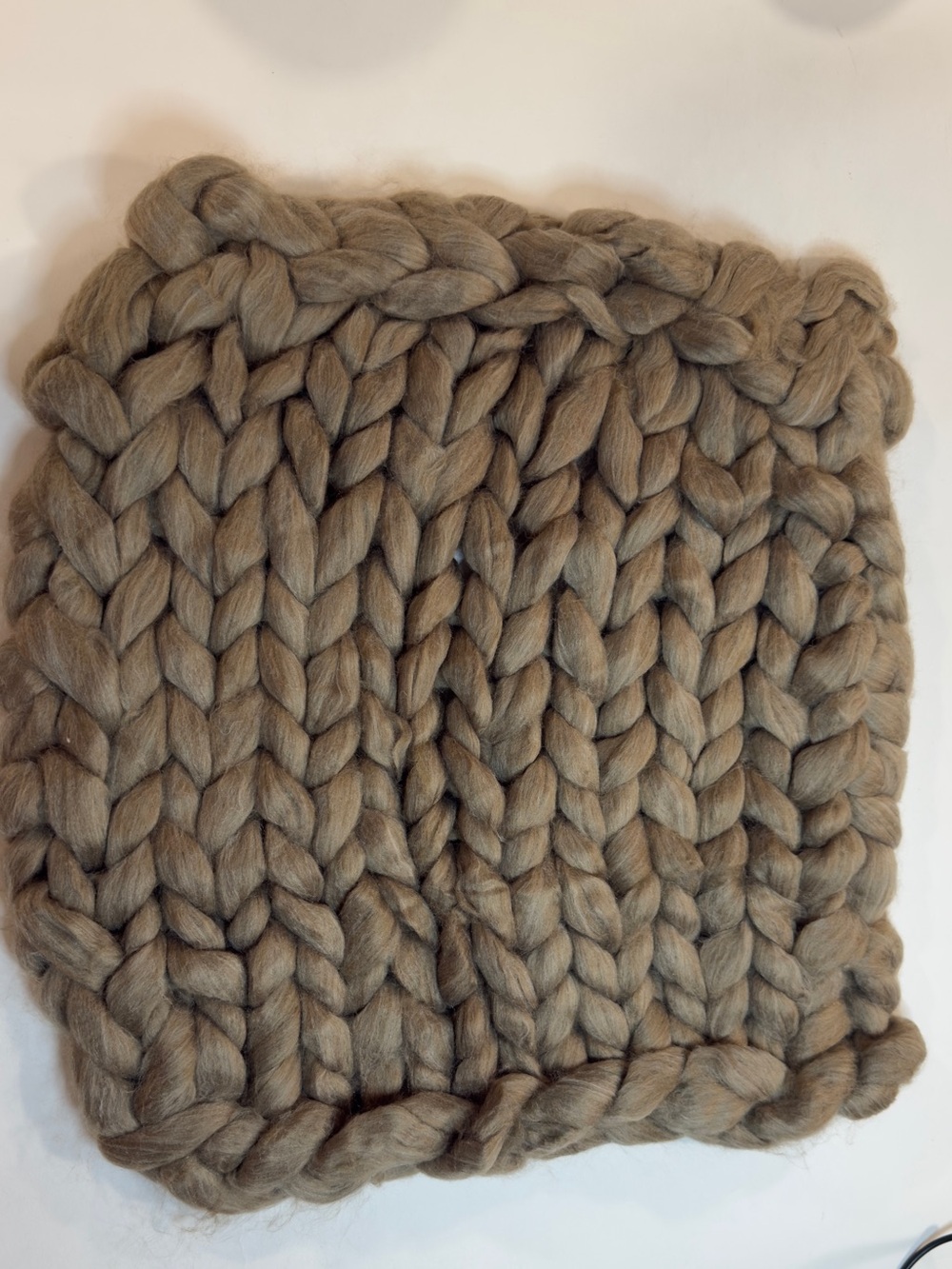 Hand-Knit Chunky Taupe Merino Wool Blanket